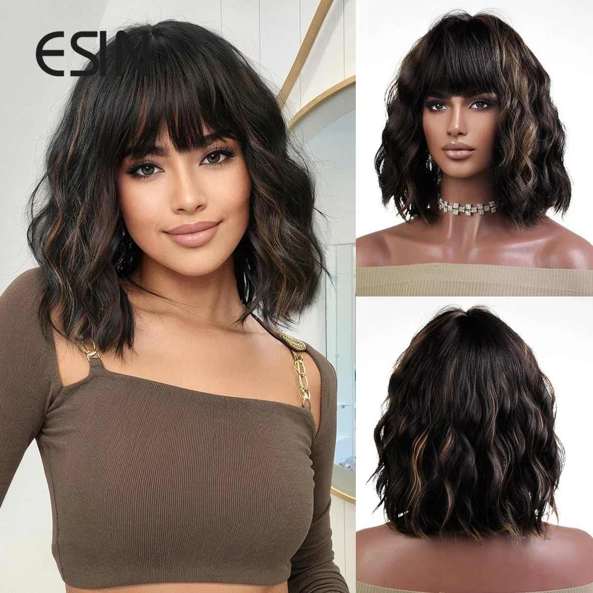 ESIN Synthetic Black Brown Medium Long Loose Body