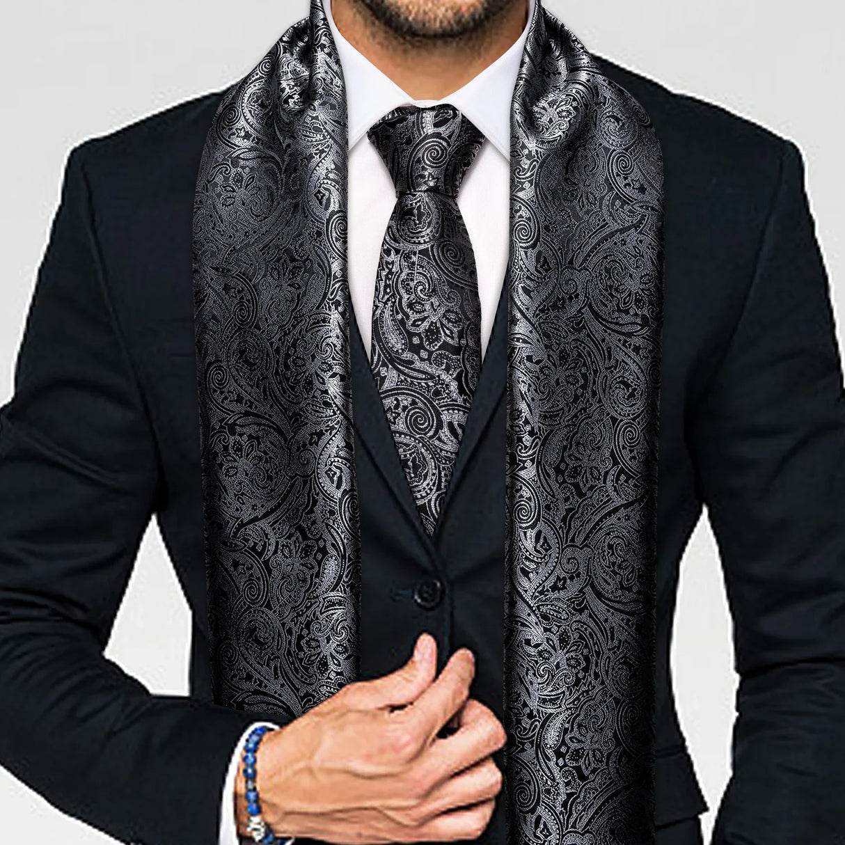 New Fashion Men Scarf Tie Set Blue Gold