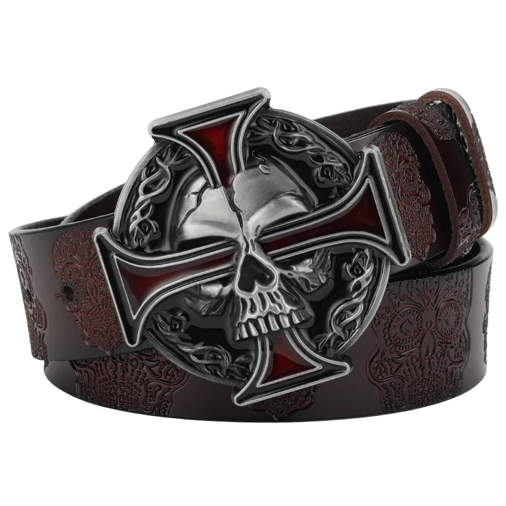 Skull Leather Belt Embossed Pattern Cowskin Fashion Buckle