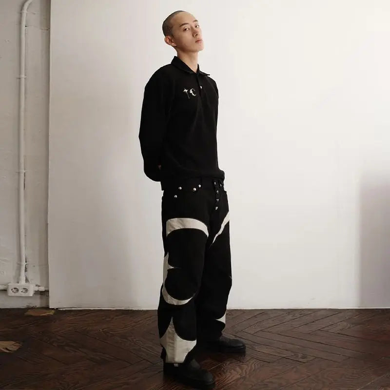 New Y2k Men Black Baggy Jeans Spliced Leather