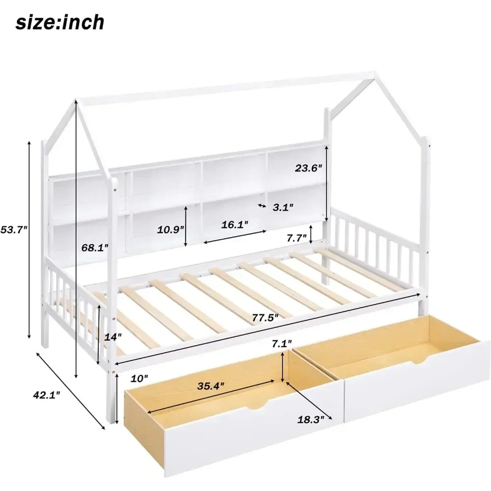 Twin Room Bed with Drawers for Children, Wooden