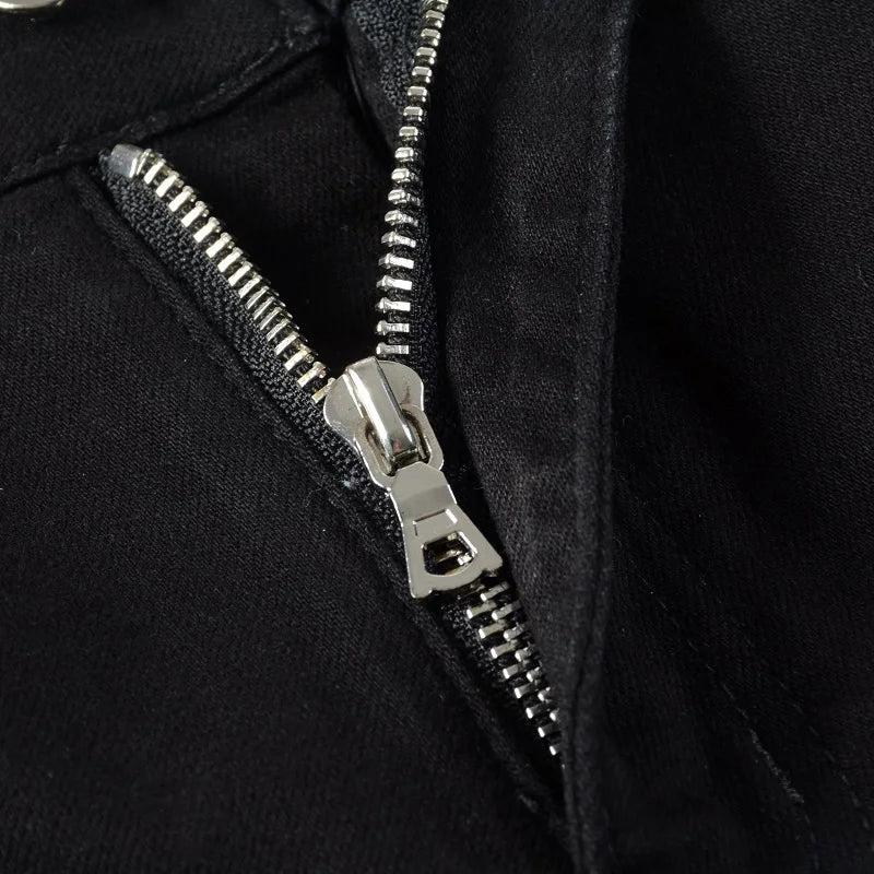 Men Cracked Silver Leather Patch Biker Jeans Streetwear