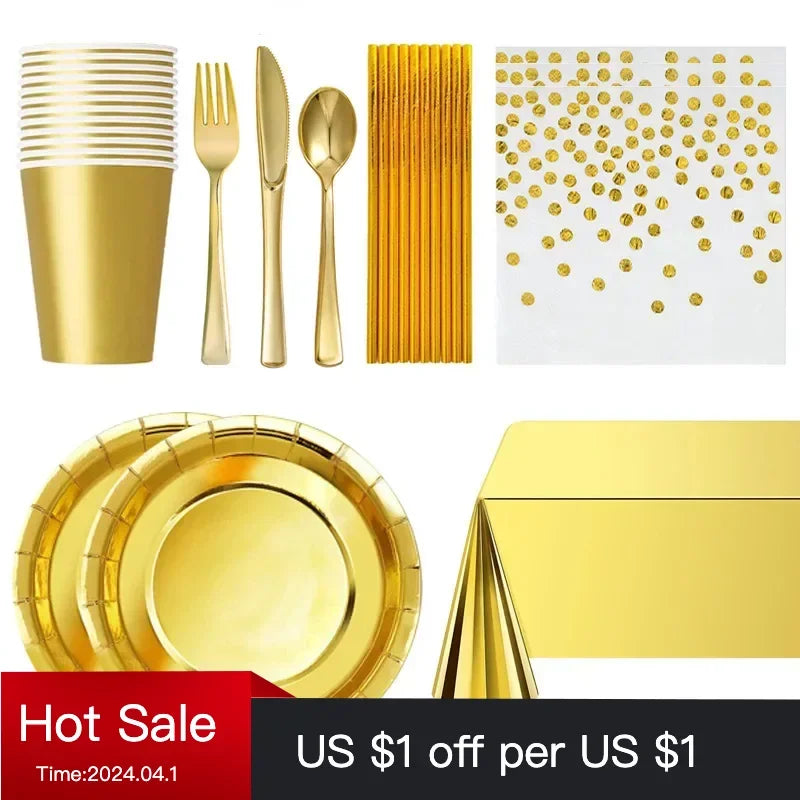 Disposable Cutlery Kraft Paper Plates Golden Cup Tableware