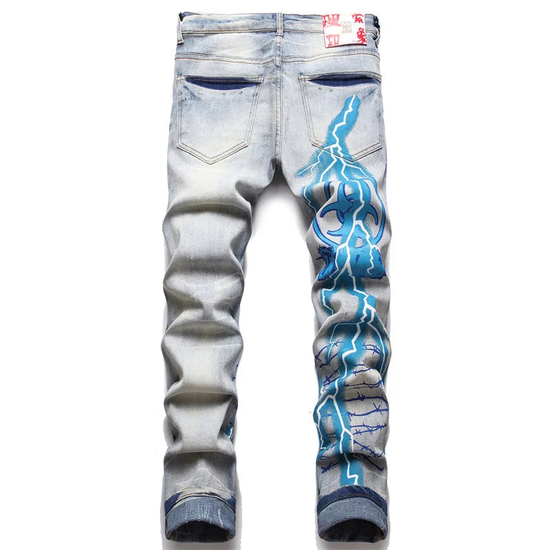 Men Print Jeans Streetwear Letters Lightning Painted Stretch