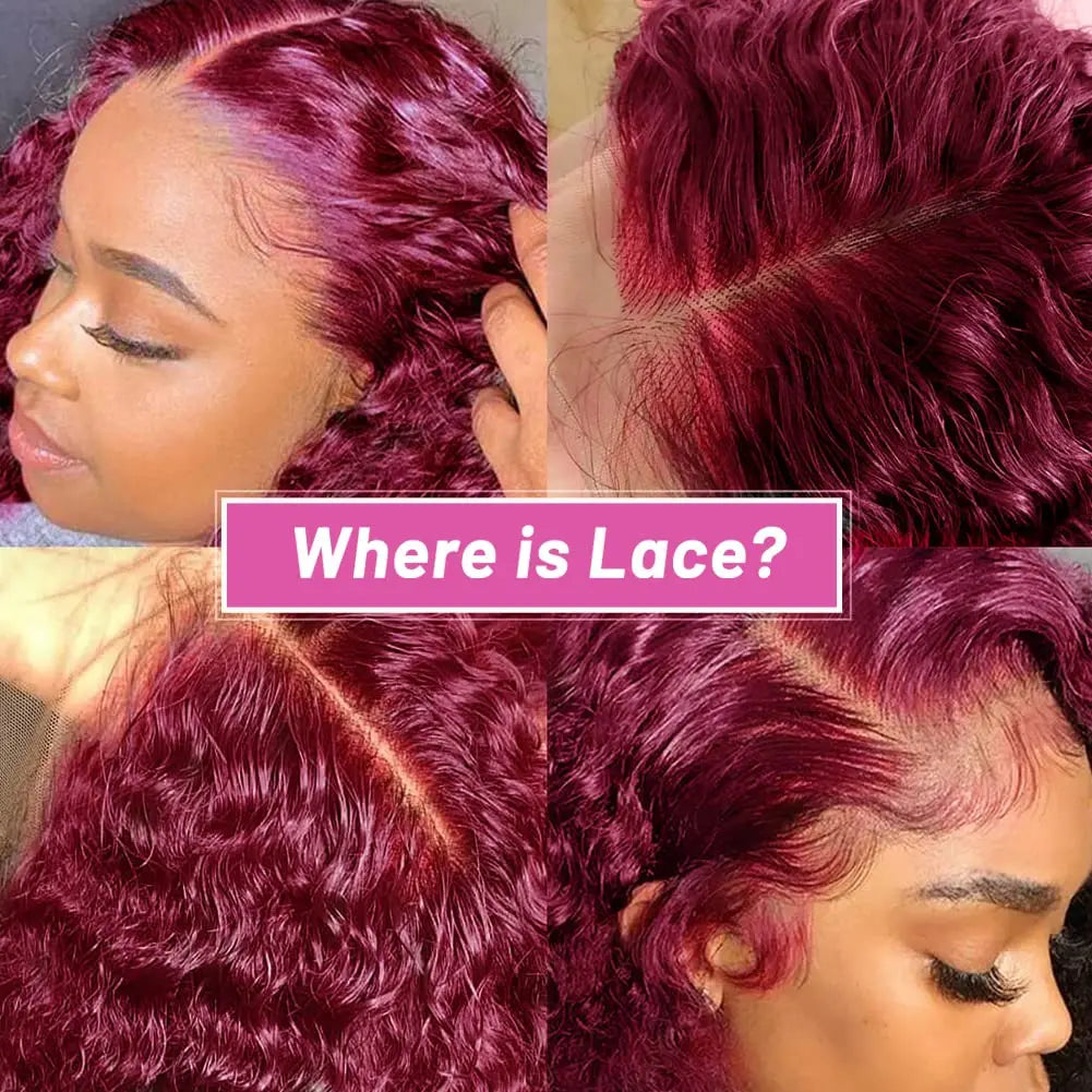 13x4 Transparent Deep Wave Lace Frontal Wig Burgundy