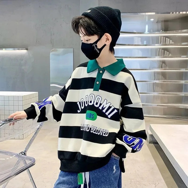 Spring Autumn Boys Cotton Contrast Striped Alphabet Turtleneck
