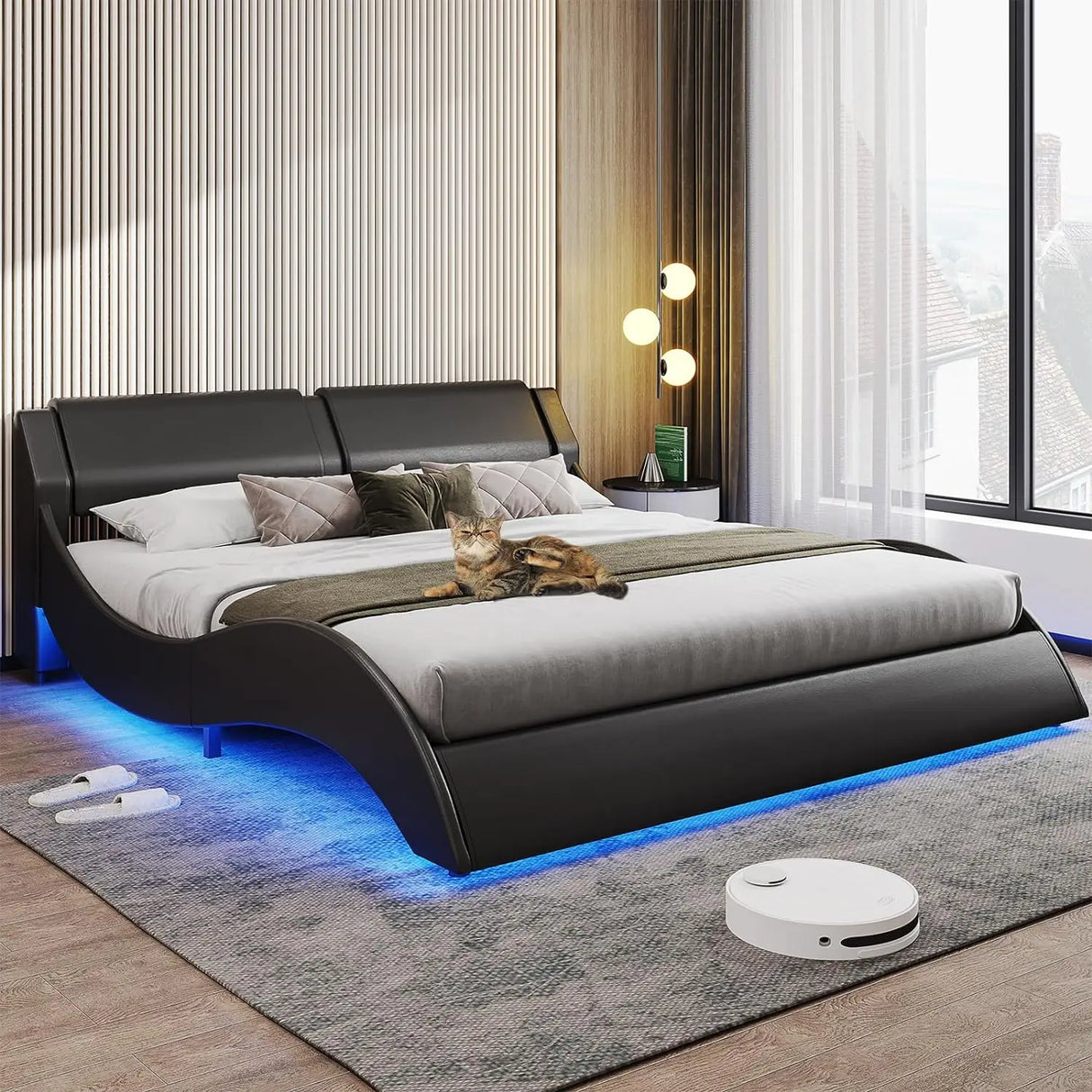 Bed Frame, Large with Headboard, Modern Upholstered Platform,