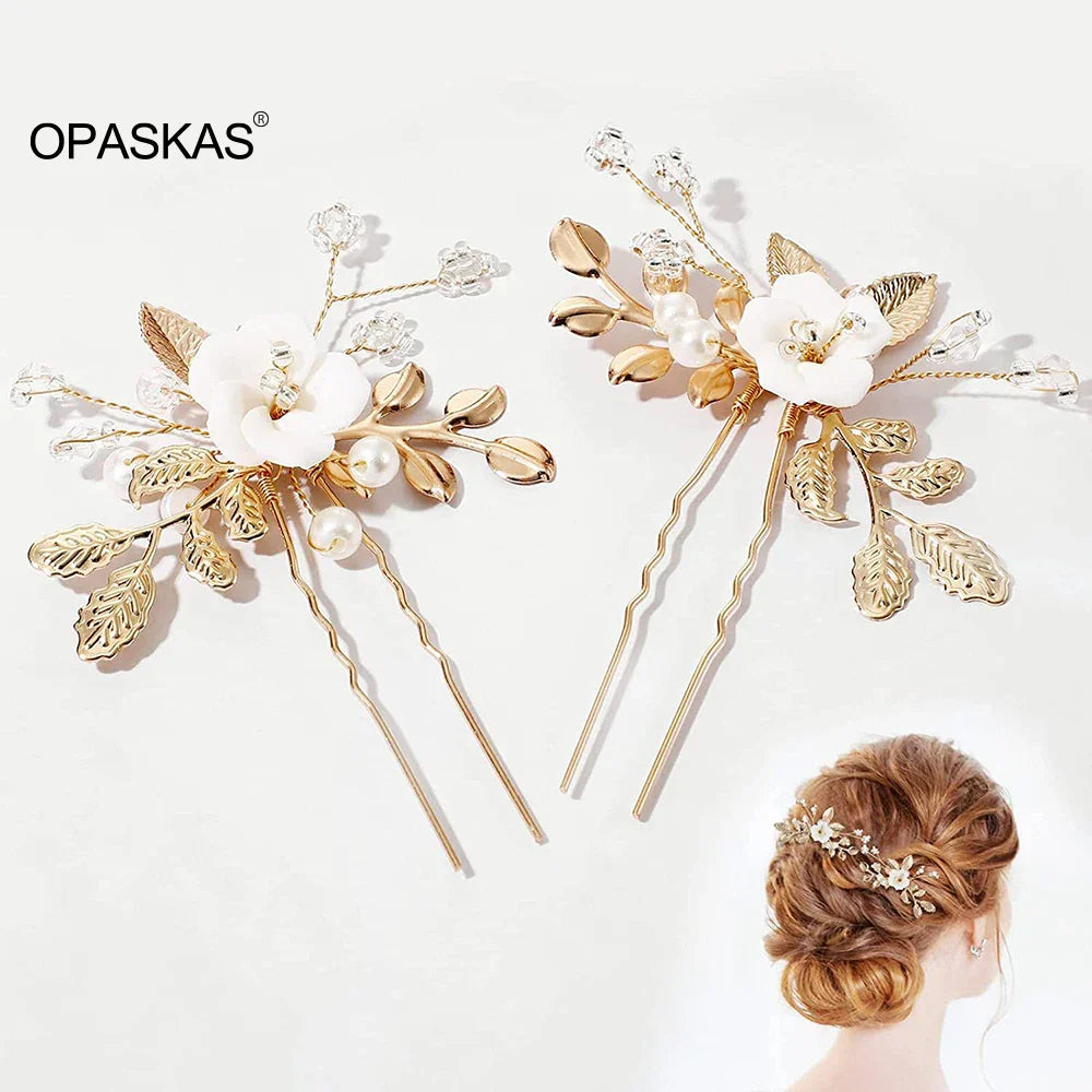 U-shaped Pearl Hairpin Hair Clips Golden Leaf Side
