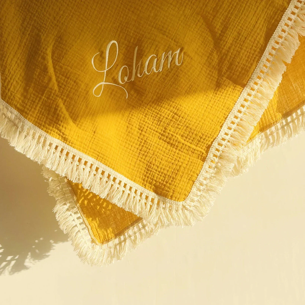 Custom Name Muslin Swaddle Fringe Cotton Baby Blanket