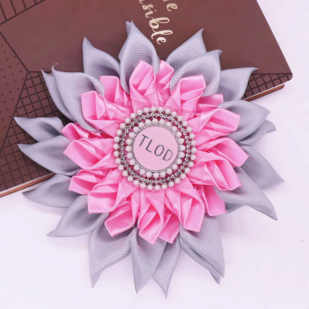 Pink Gray Satin Ribbon Sun Flower Corsage Design