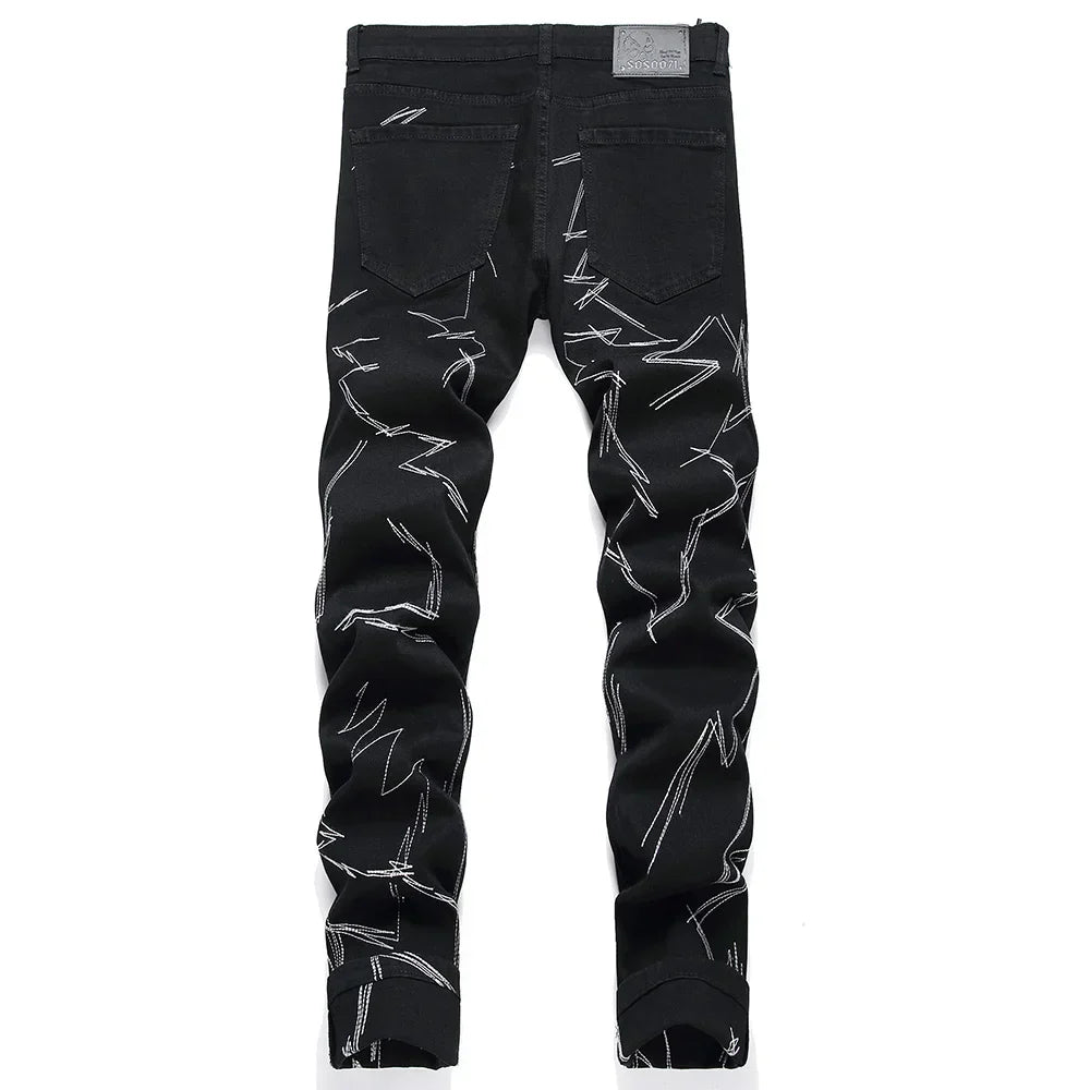 Men Embroidery Black Denim Jeans Streetwear Punk Slim