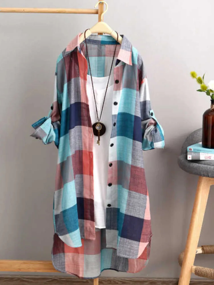 Plus Size Loose Plaid Blouse Women Cotton Shirt