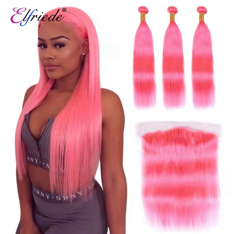 Elfriede #Pink Straight Colored Hair Bundles with Frontal