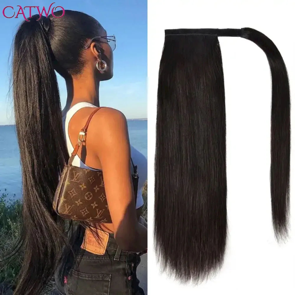 CATWO Ponytail Human Hair Wrap Around Bone Straight