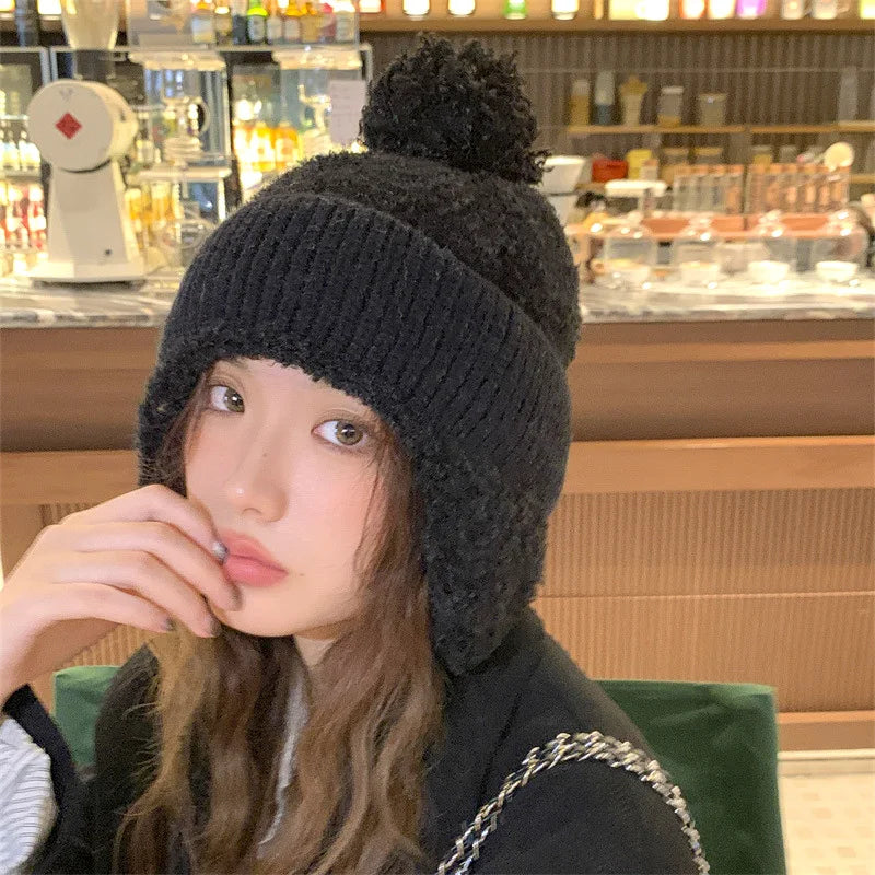 Women Pompom Ear Warmer Bonnet Fleece-lined Ear Protection