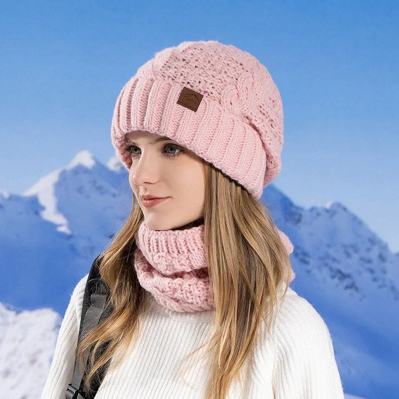 Women Fashion Winter Knitted Hat Scarf Set Fleece