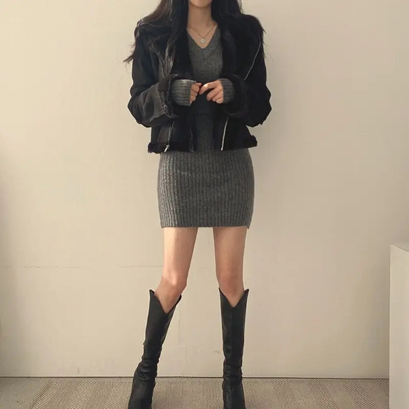 HELIAR Women Knit Bodycon Dress V-Neck Long Sleeve