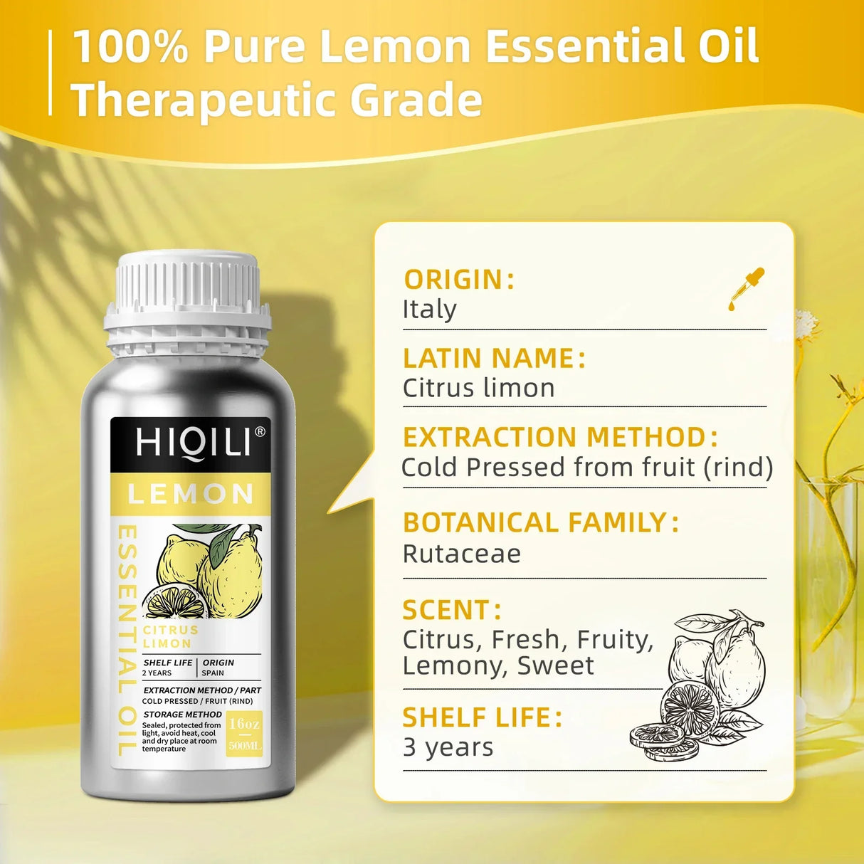 HIQILI 500ML Lemon Essential Oils,100% Pure Nature for Aromatherapy | Used for Diffuser,Humidifier,Massage | Clean and Steriliz