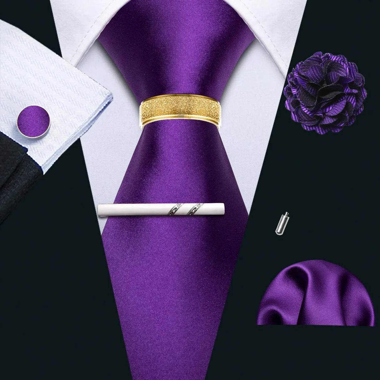 Barry.Wang Silk Mens Tie Hanky Cufflinks Clip Brooch