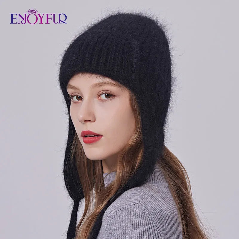 ENJOYFUR Women Winter Angora Earflaps Hat Warm Fluffy
