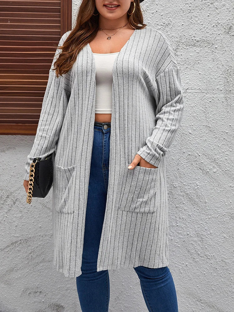 GIBSIE Plus Size Solid Rib Knit Open Front