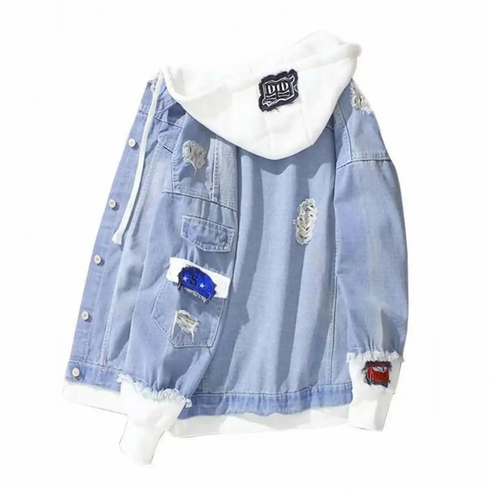 Men Light Blue Winter Jean Jackets Hooded Casual