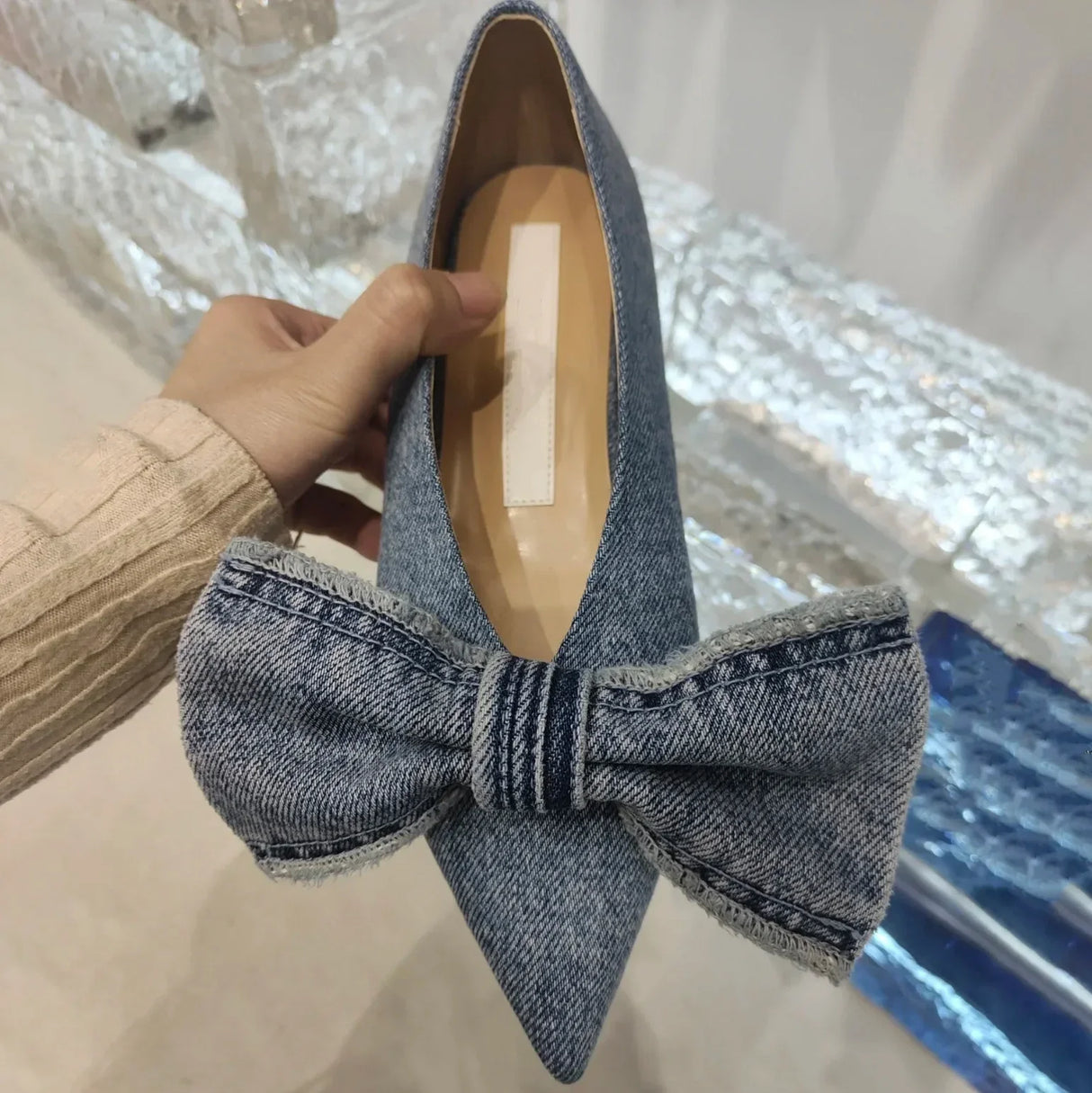 2023 New Designer Blue jeans bow flat shoes