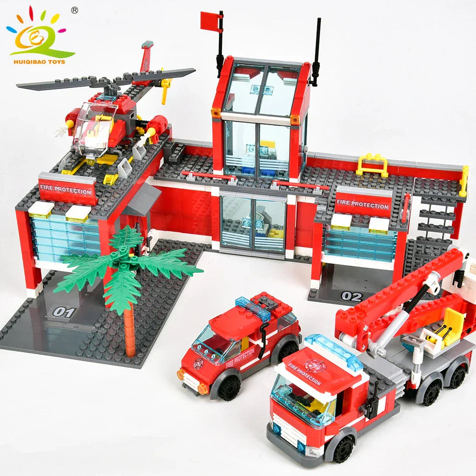 HUIQIBAO 756pcs Fire Station Model Building Blocks Truck