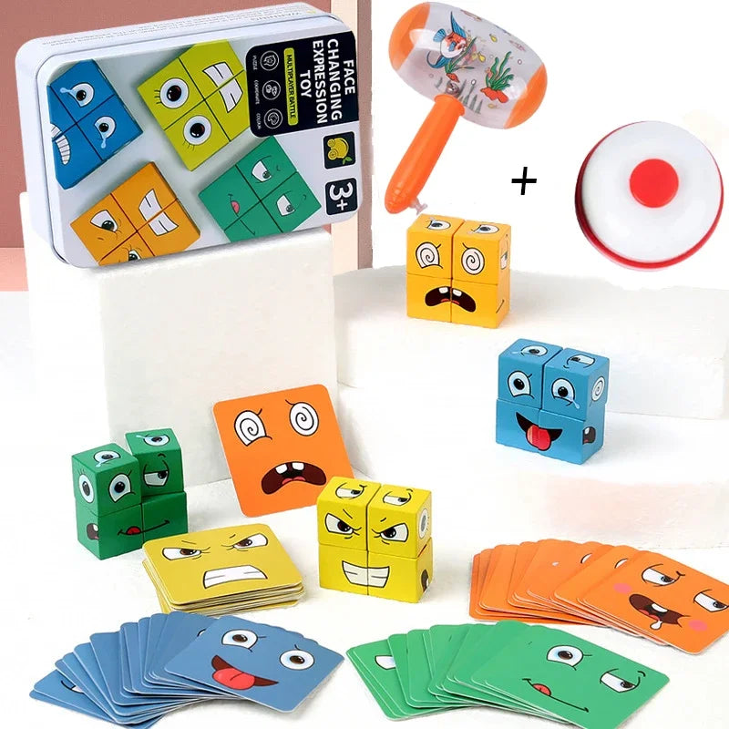 Wooden Face Changing Cube Toys Building Blocks Cartoon