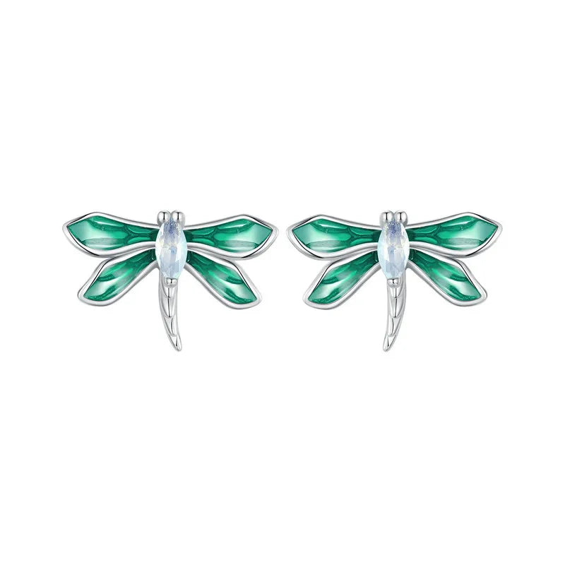 Bamoer 925 Sterling Silver Green Dragonfly Stud Earrings