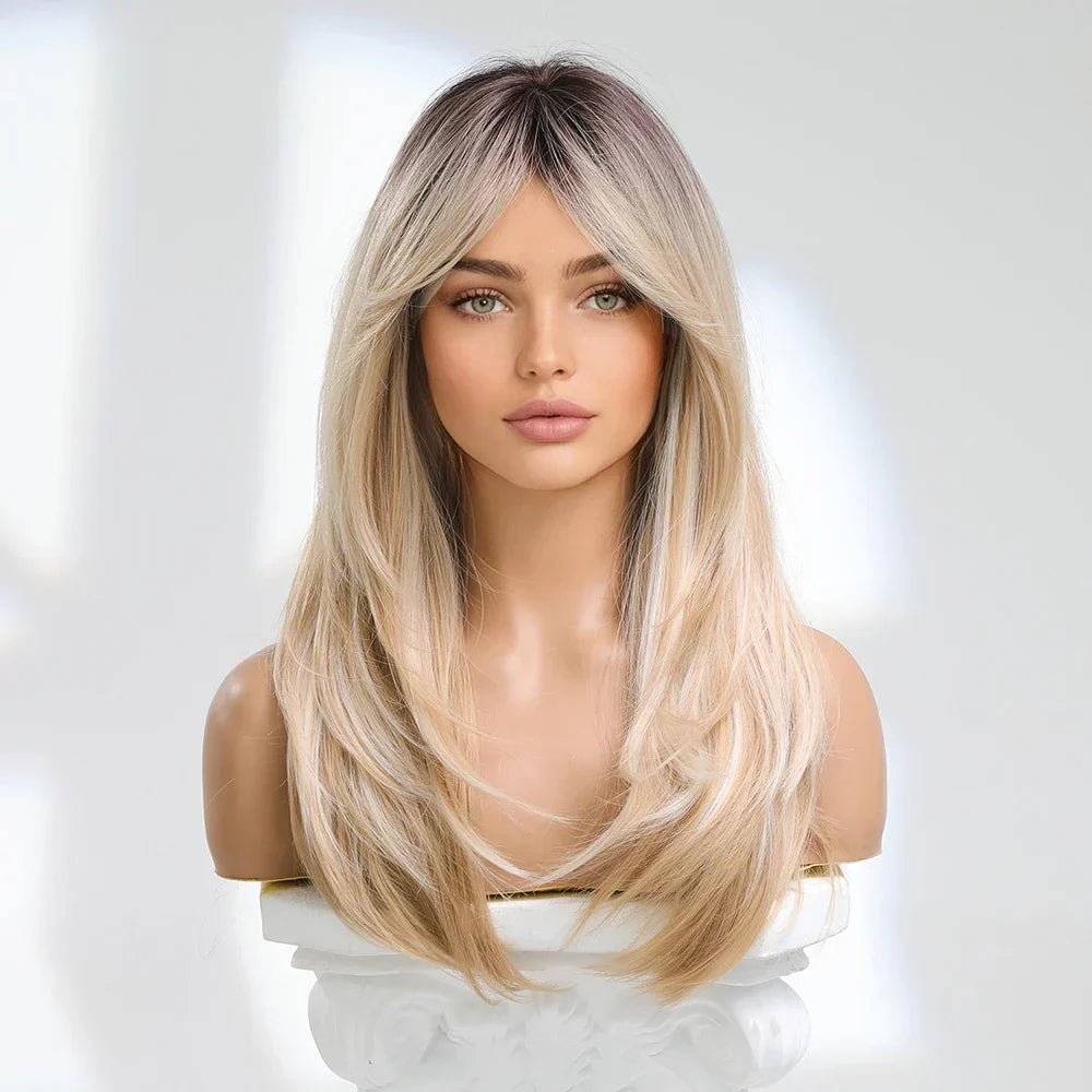 Layered Synthetic Wigs Black Blonde Ombre Highlight White