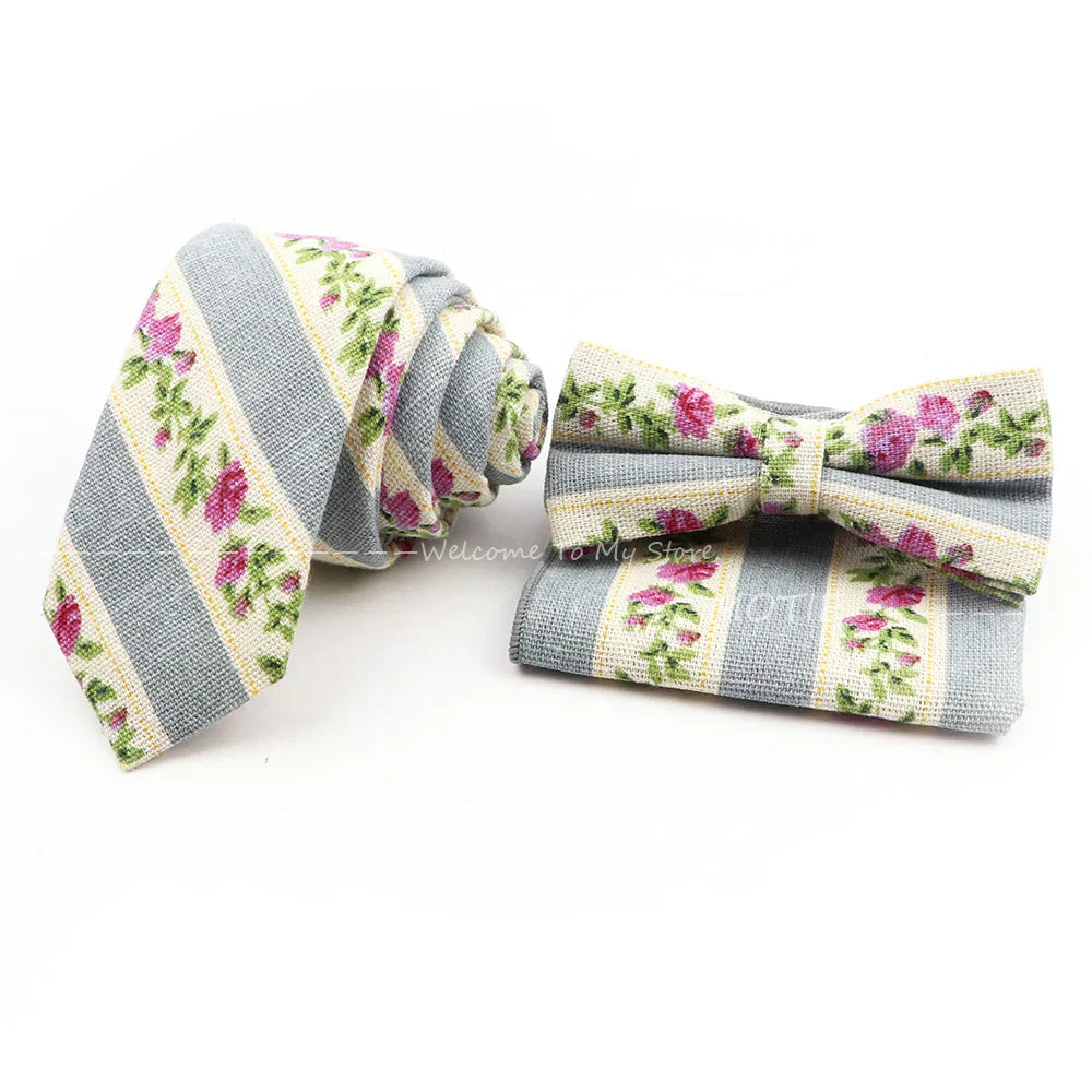 Men Linen Plant Ainmal Ties Set Pocket Handkerchief