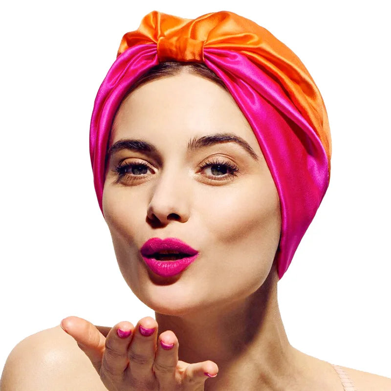 Women Stretch Silk Imitation Nightcap Fashion Color Contrast