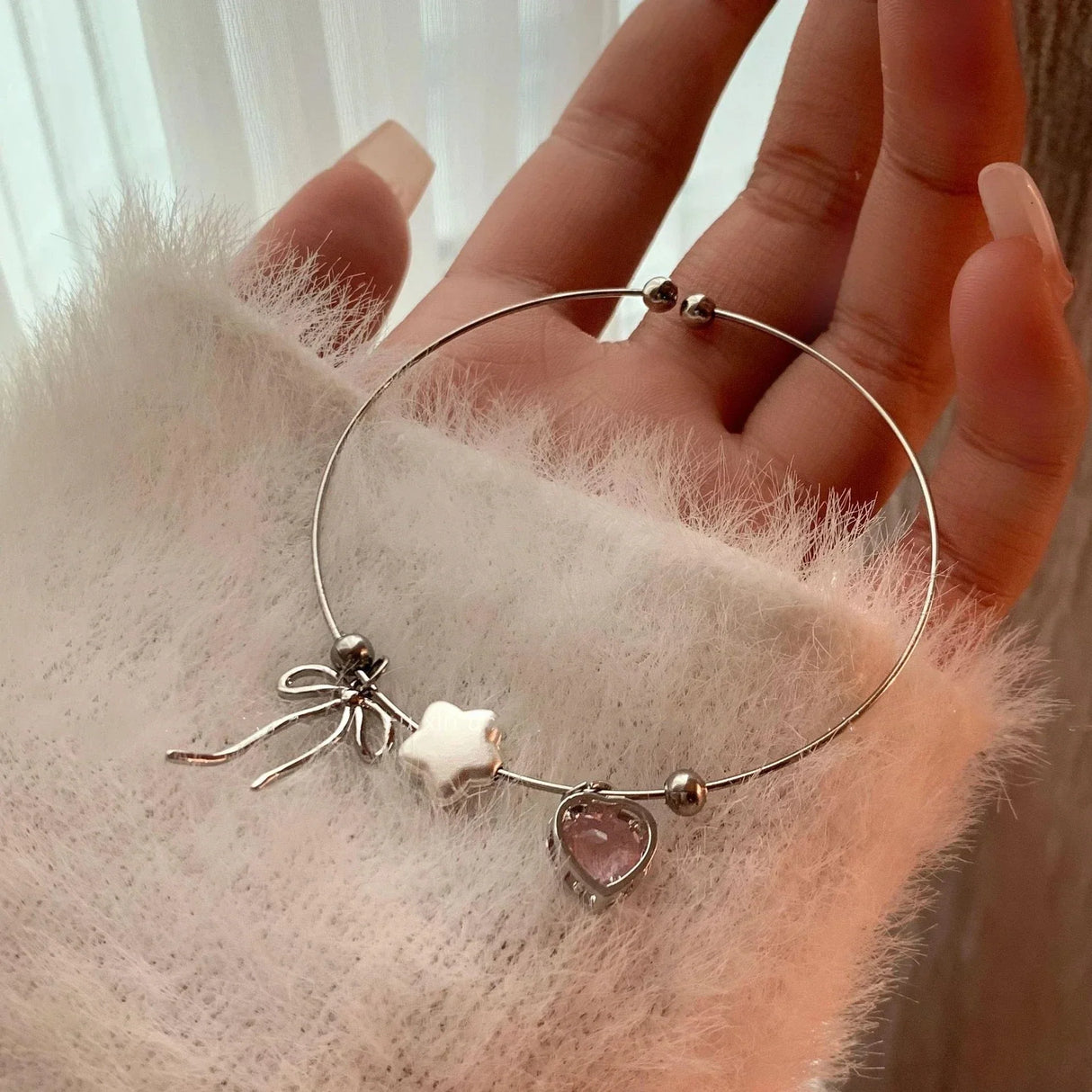 New Kpop Aesthetic Pink Crystal Heart Bowknot Star