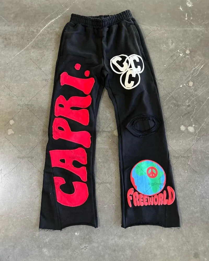 American Street Hip-hop Embroidered Wide-leg Pants Men High