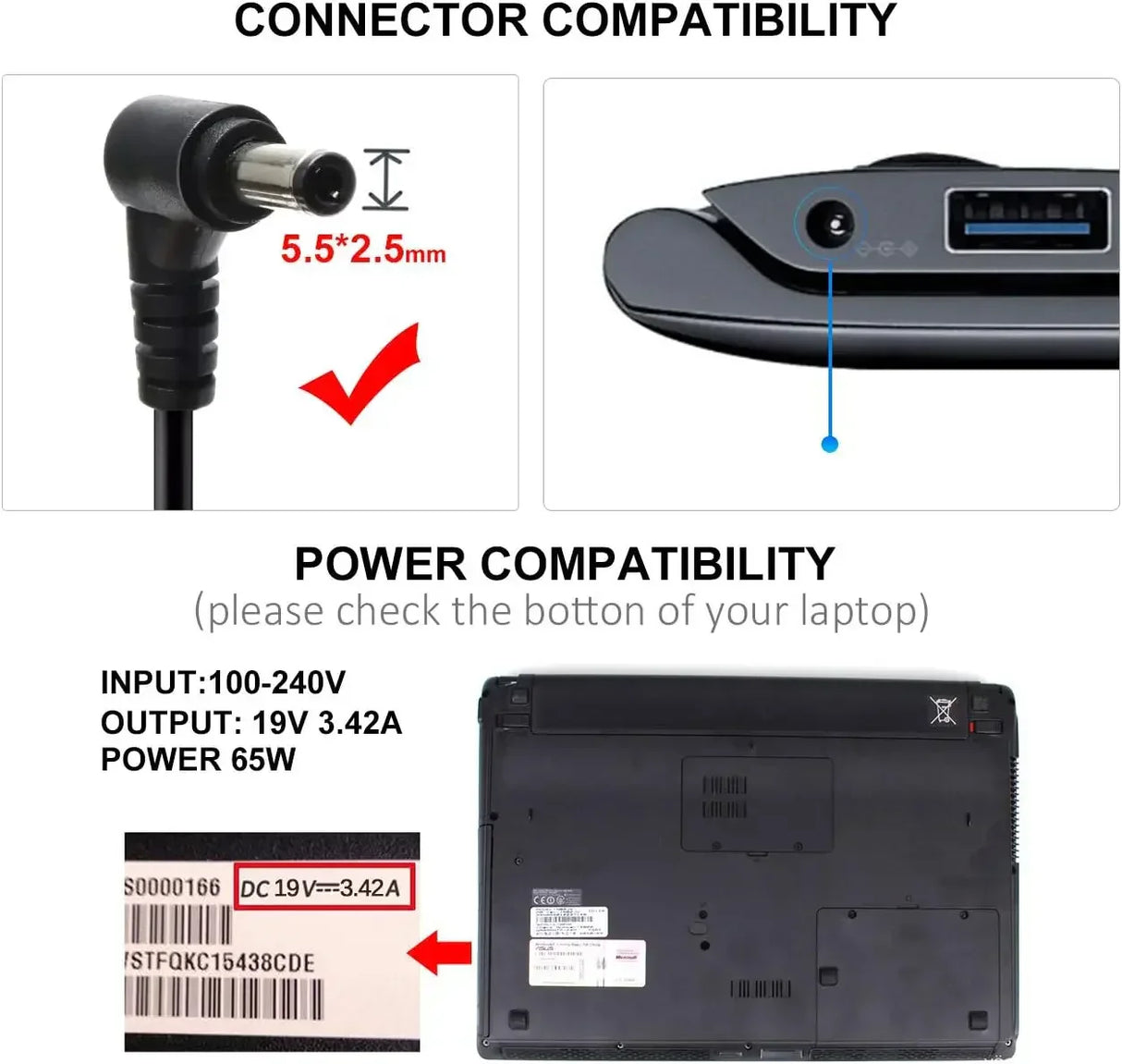 19V 3.42A 65W Laptop Ac Adapter Charger For