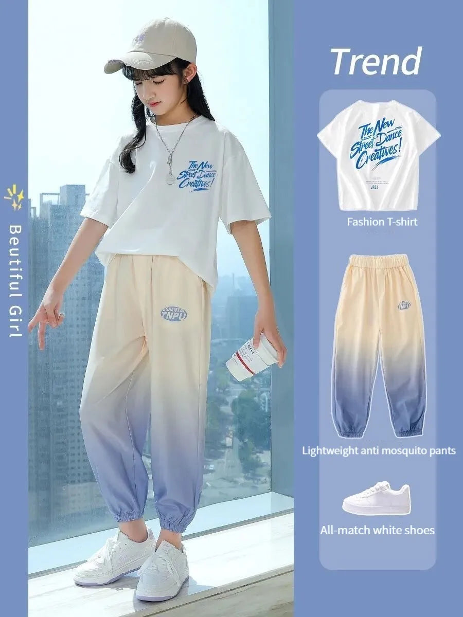 Girls Summer Trend Sports 2pcs Ice Silk T-shirts+Ninth