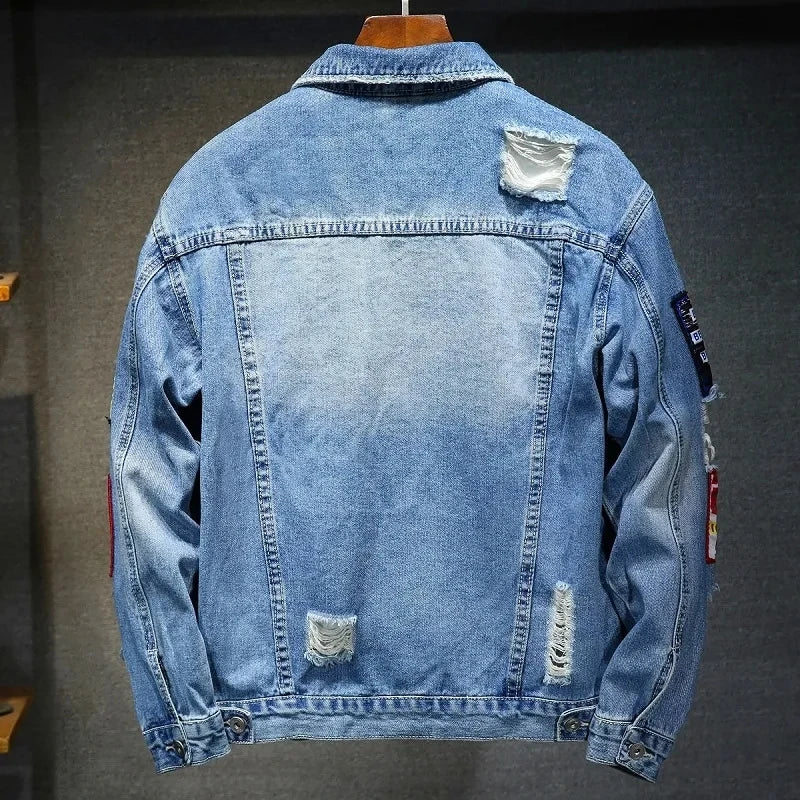 Men Brand Denim Jacket Streetwear Punk Motorcycle Ripped