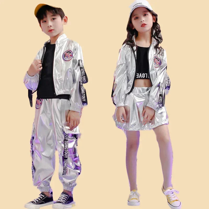 Children silver stage hip hop girl dance costume