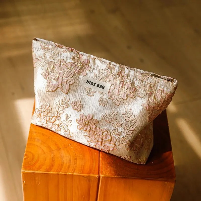 Women's Makeup Bag Green Gold Flowers Large Capacity