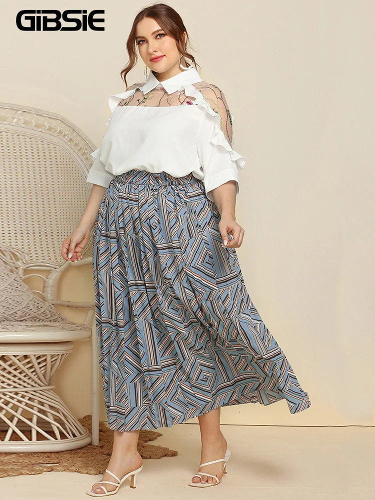 GIBSIE Plus Size Geometric Print Pleated Maxi Long