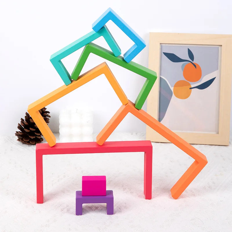 Montessori Wooden Rainbow Stacking Game,Eight Layers Square/Arch Colorful