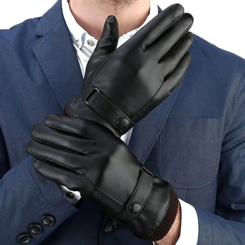 Fleece Leather Gloves Men's Winter Autumn PU Linings