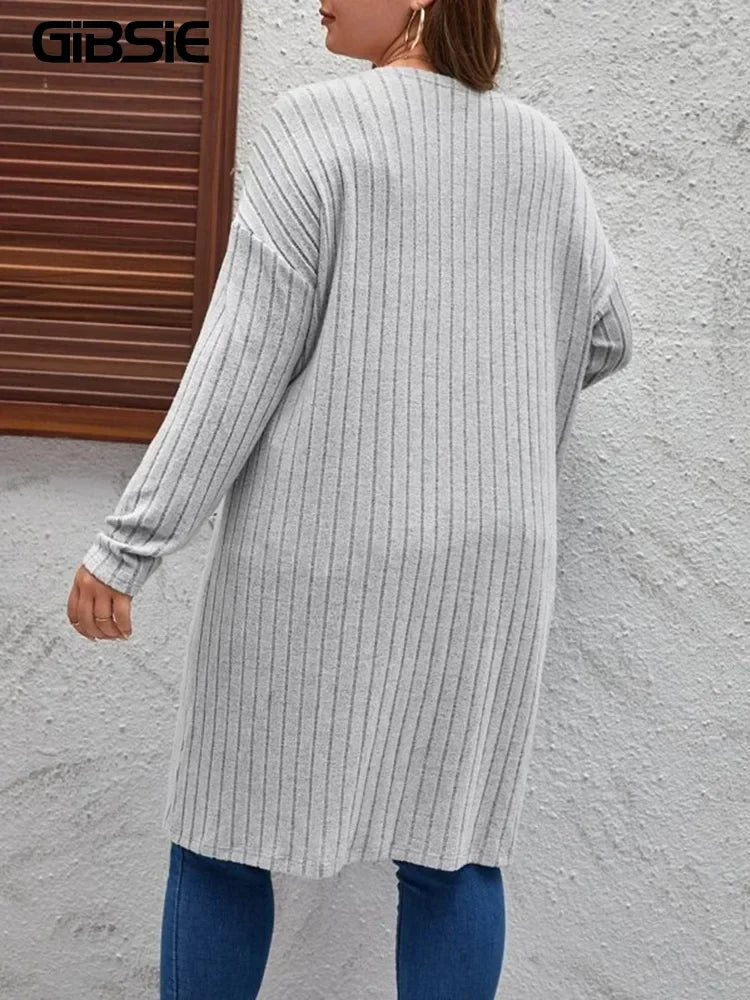 GIBSIE Plus Size Solid Rib Knit Open Front