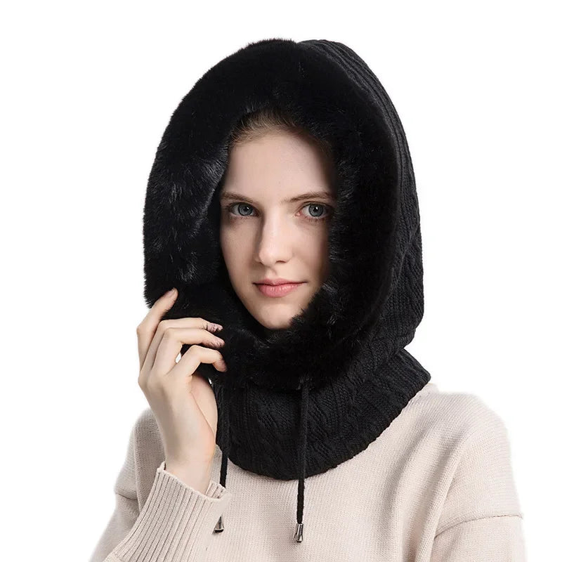 Thicken Fleece one-piece Hat Women Knitted Fluffy Cap