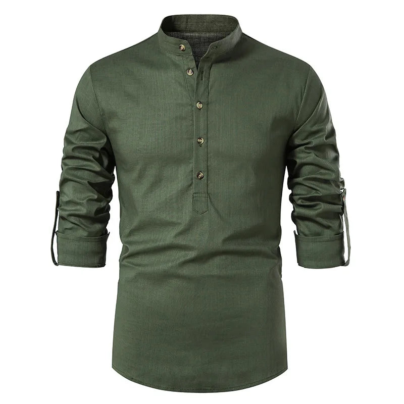 White Roll Up Mandarin Collar Dress Shirt Men