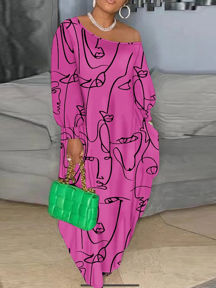 Plus Size Graphic Print One Off Shoulder Maxi