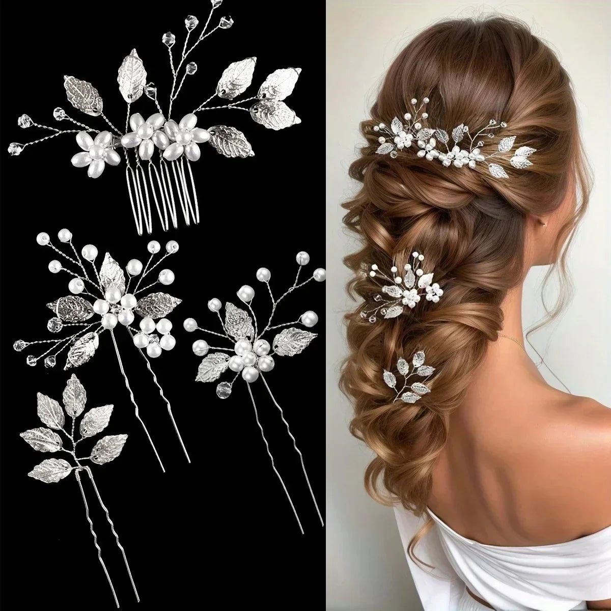 Pearl Flower Hairpin Side Comb Golden Leaf Shaped