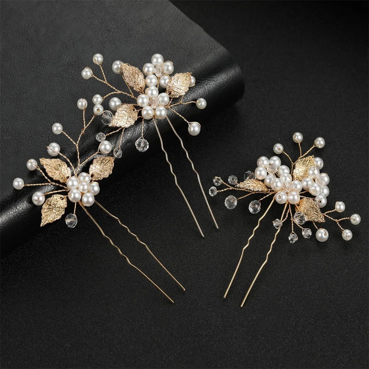 Pearl Flower Hairpin Side Comb Golden Leaf Shaped