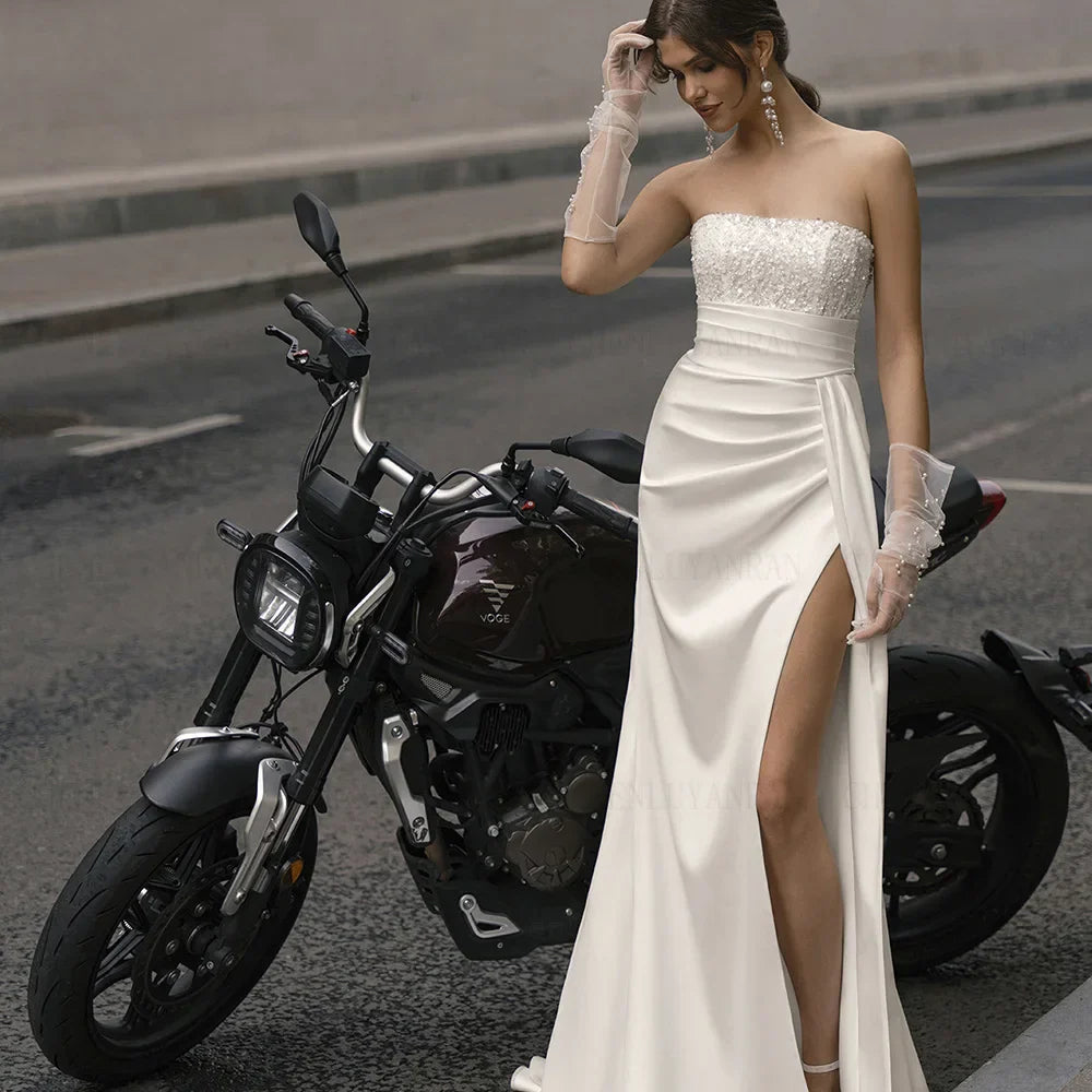 Satin Mermaid Wedding Dresses Sequin Beading Long Wedding